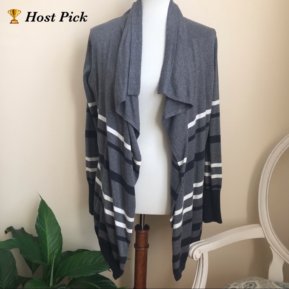 Ann Taylor LOFT Gray Striped Cardigan Sweater